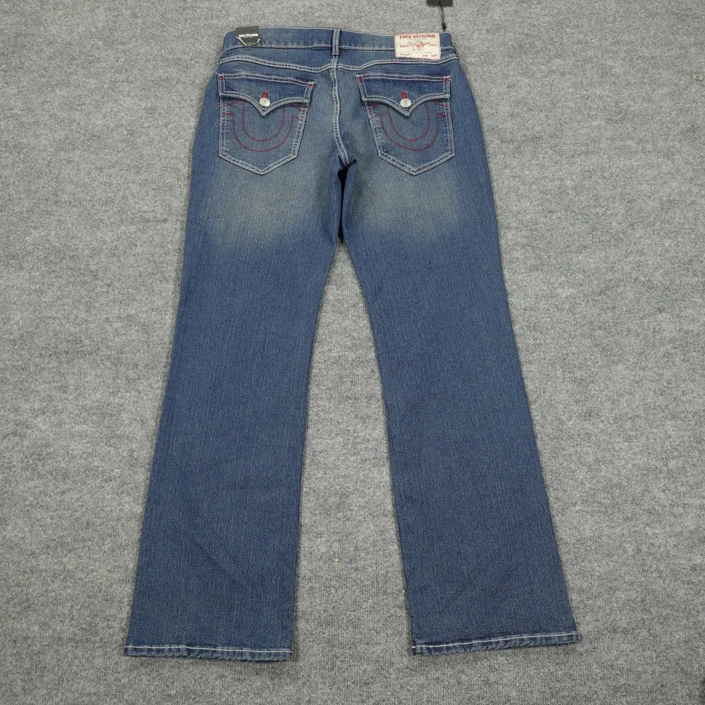 True Religion Jeans Mens 34 Blue Billy Relaxed Bootcut Red Graphic Comet Wash